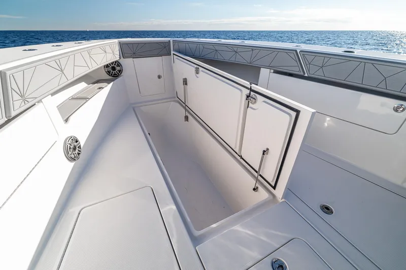 Slide: The Image of Interior detail of 2026 SeaVee 420Z boat, featuring sleek storage and speaker system. - 56