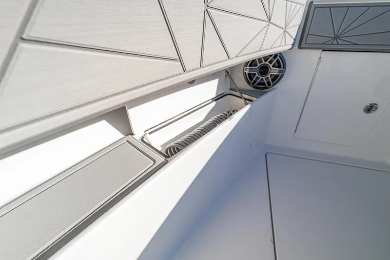 Slide: The Image of 2026 SeaVee 420Z boat interior with modern design and speaker system. - 57