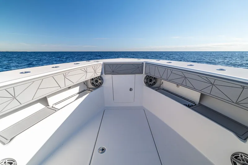 Slide: The Image of 2026 SeaVee 420Z boat deck with ocean view, featuring sleek design and modern amenities. - 59