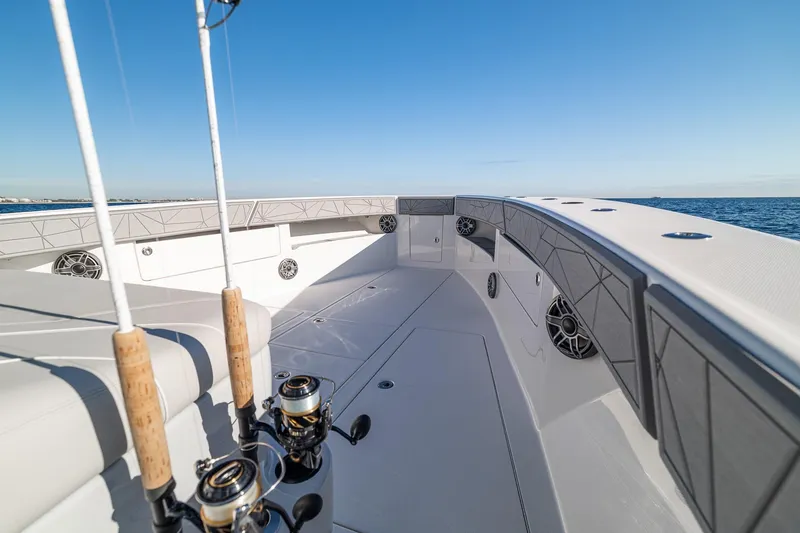 Slide: The Image of Luxury seating on 2026 SeaVee 420Z boat, featuring sleek design and ocean backdrop. - 66