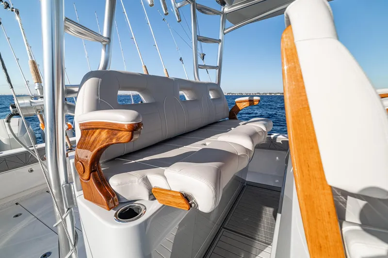 Slide: The Image of Luxurious seating on 2026 SeaVee 420Z boat, featuring elegant design and ocean backdrop. - 71