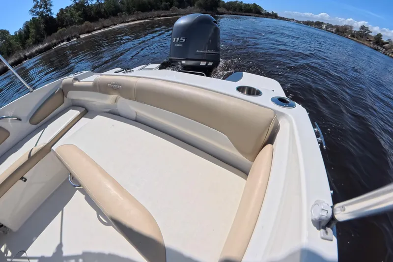 Slide: The Image of 2018 Stingray 191 DC boat interior with Yamaha 115 engine on a scenic waterway. - 13