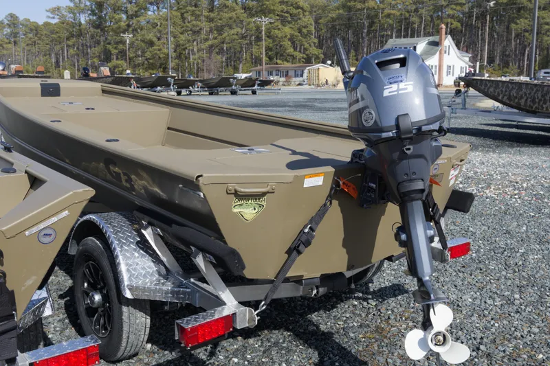 Slide: The Image of 2026 G3 Gator Tough 16 DK boat with Yamaha 25 outboard motor on trailer. - 3