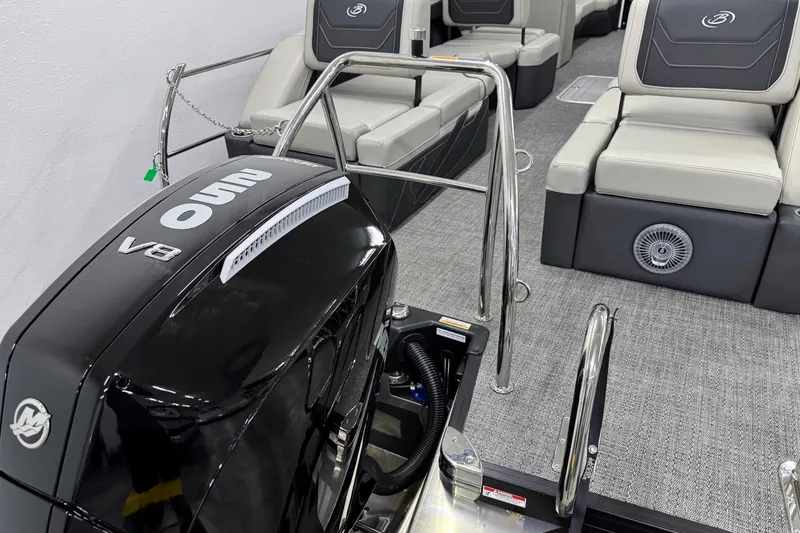 Slide: The Image of 2026 Barletta Cabrio 24M pontoon boat interior with V8 engine and luxurious seating. - 11