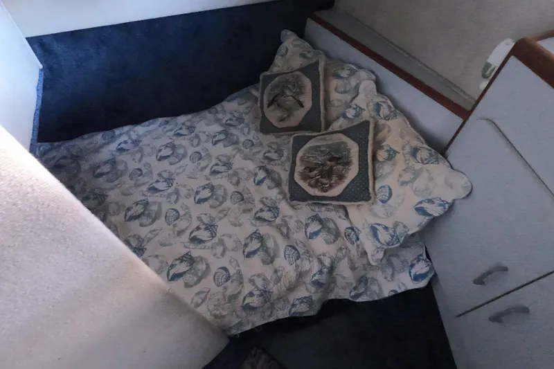 Slide: The Image of Cozy cabin bed in 1989 Searay 30 Sedan Bridge with nautical-themed bedding. - 11