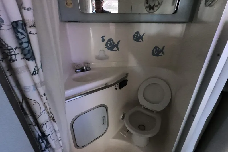 Slide: The Image of 1989 Searay 30 Sedan Bridge bathroom with fish decals and compact design. - 7