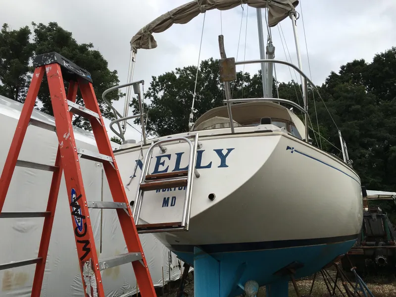 Slide: The Image of 1980 Sabre 34 MK II sailboat on stands with ladder. - 3