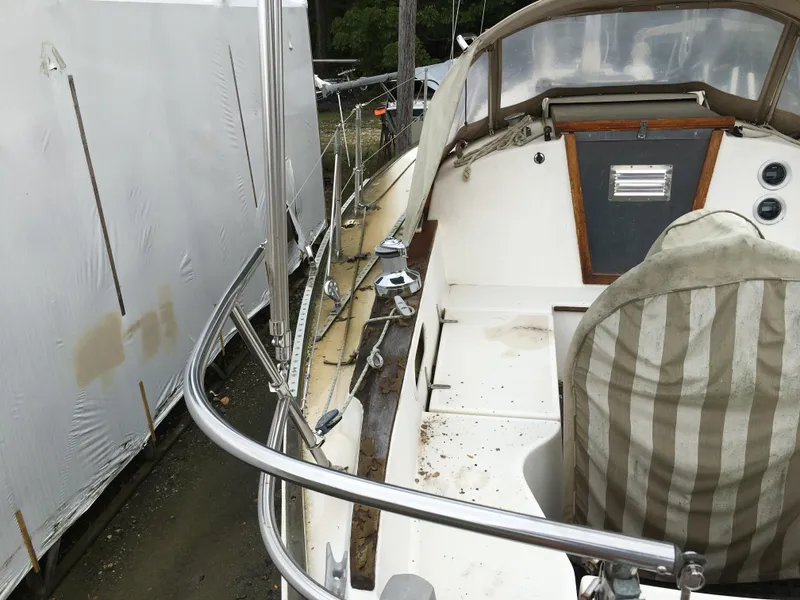 Slide: The Image of 1980 Sabre 34 MK II sailboat in dry dock, cockpit view. - 7