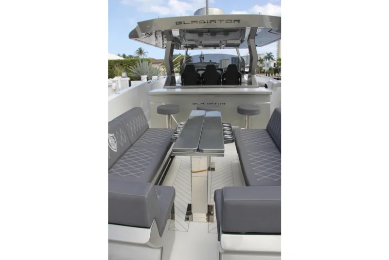 Slide: The Image of 2023 Canados 493 Gladiator luxury yacht interior with sleek seating and modern design. - 11