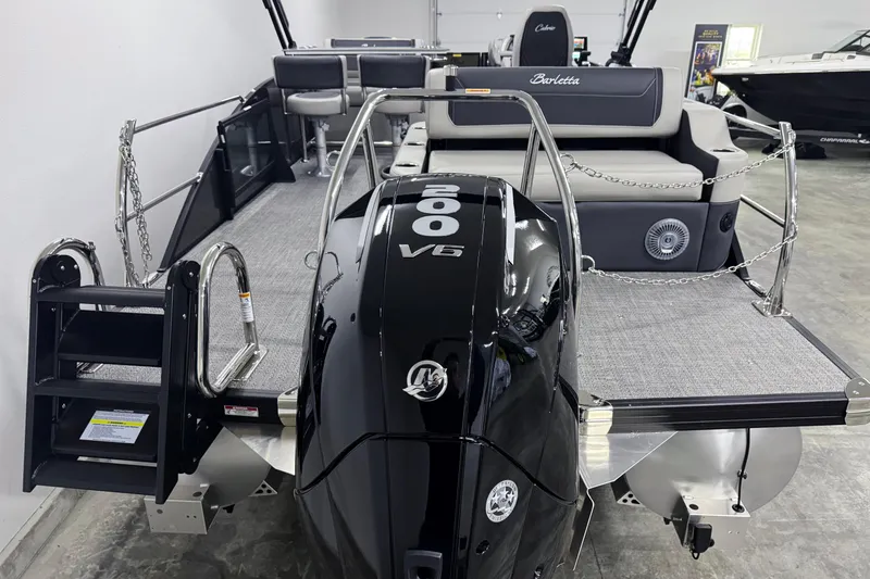Slide: The Image of 2026 Barletta Cabrio 24UE pontoon boat with powerful 200 V6 engine, sleek design. - 3