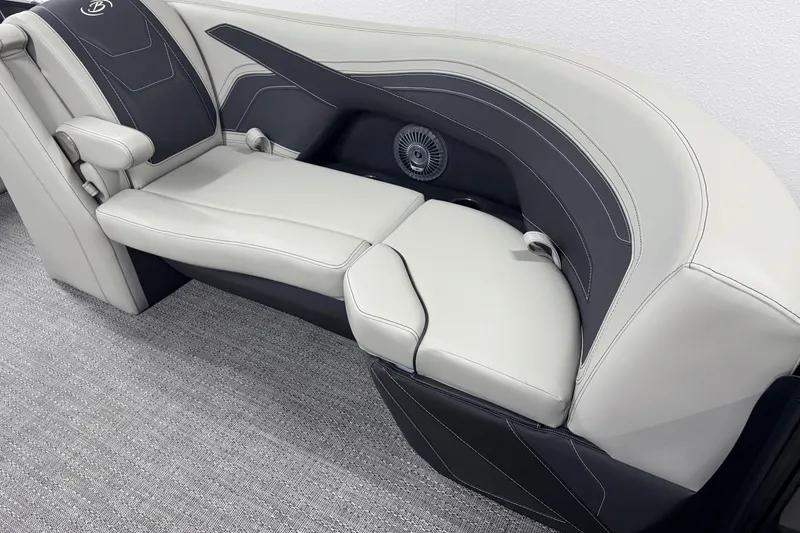 Slide: The Image of 2026 Barletta Cabrio 24UE boat seating with elegant gray and black upholstery design. - 30