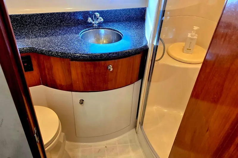Slide: The Image of Bathroom interior of 2000 Carver 396 Motor Yacht with sink and shower. - 47