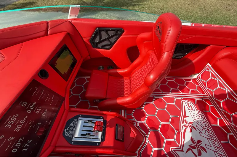 Slide: The Image of Red interior of a 2020 HellKats 30 powerboat with hexagonal patterns and digital controls. - 41