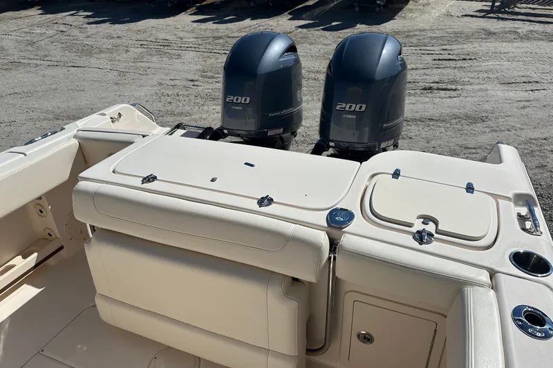 Slide: The Image of 2023 Grady-White Fisherman 257 boat with dual Yamaha 200 engines, rear seating view. - 14