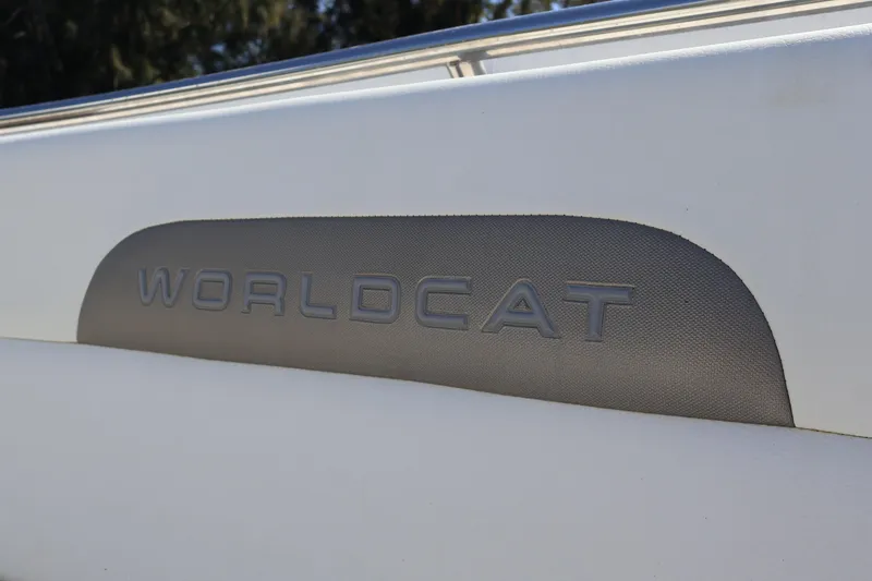 Slide: The Image of 2022 World Cat 280 CC-X boat logo detail on white surface. - 42