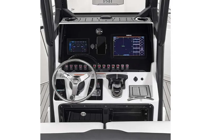 Slide: The Image of 2023 Yamaha Boats 255 FSH Sport E deck with storage compartment open. - 15