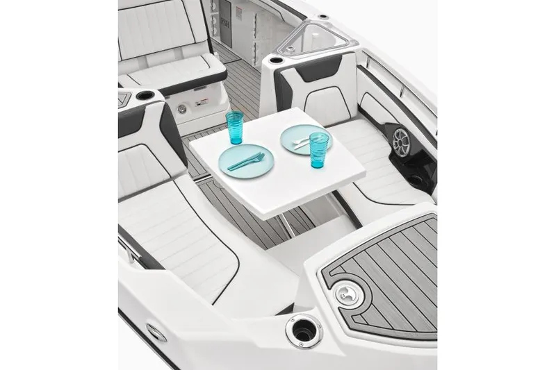 Slide: The Image of 2023 Yamaha Boats 255 FSH Sport E interior, showcasing seating and deck layout. - 17