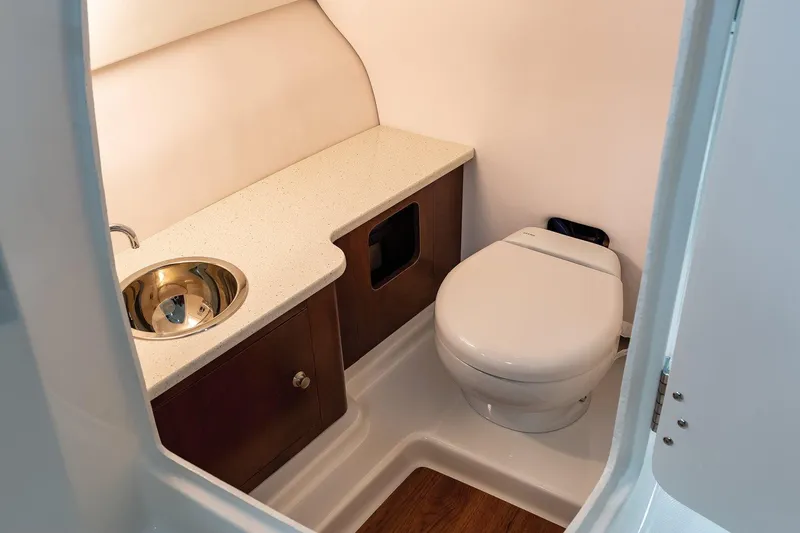 Slide: The Image of Manufacturer Provided Image: 2021 Robalo R247 Dual Console boat bathroom with sink and toilet. - 32