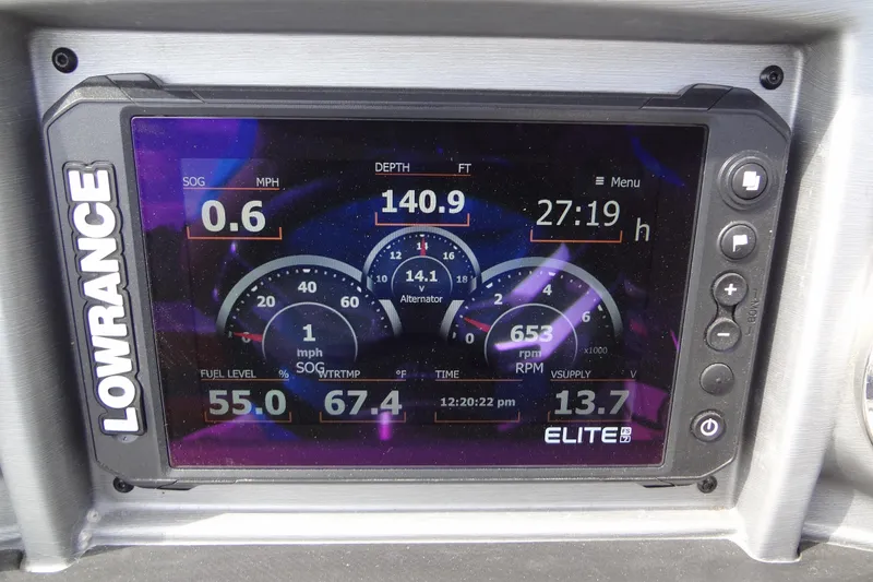 Slide: The Image of Lowrance Elite FS display on 2022 Berkshire 25RFX STS 3.0 showing speed, depth, and RPM. - 21