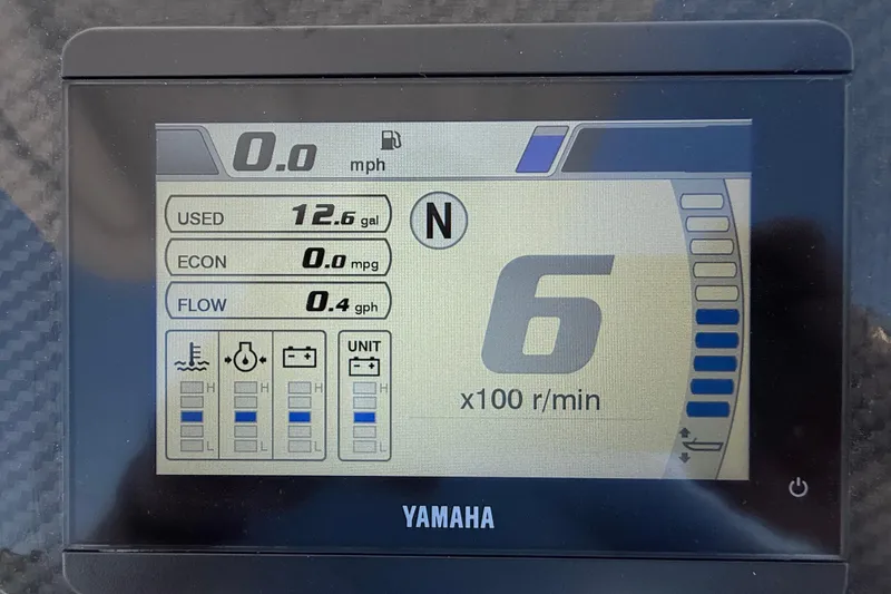 Slide: The Image of Yamaha display showing fuel usage and RPM for 2017 Vanquish Bristol Harbor 23 CC. - 27