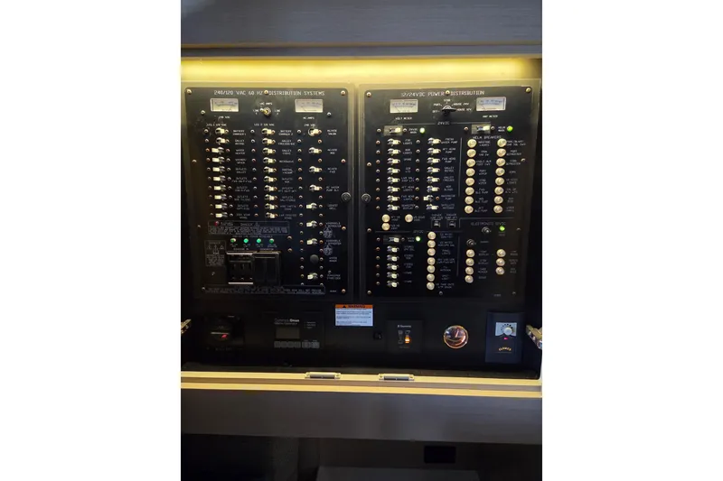 Slide: The Image of Electrical panel of 2018 Cruisers Yachts 54 Cantius, showcasing power distribution systems. - 13