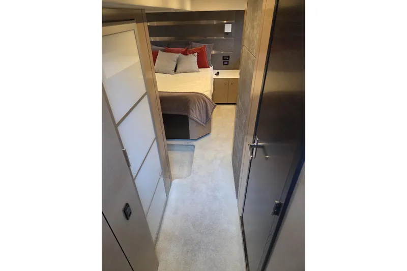 Slide: The Image of Luxurious bedroom interior of 2018 Cruisers Yachts 54 Cantius, featuring modern design and cozy bedding. - 30