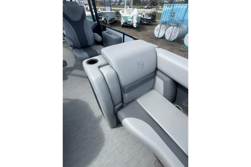 Slide: The Image of 2026 Godfrey Monaco Sun Deck 235 SDC with sleek gray seating and modern design. - 34