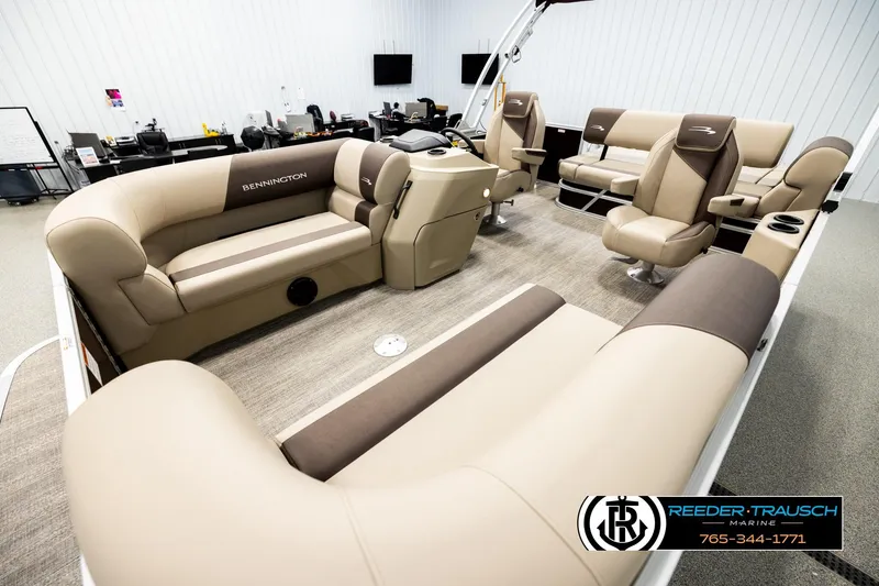 Slide: The Image of Luxurious interior of 2026 Bennington SSBSF pontoon boat with plush seating. - 10