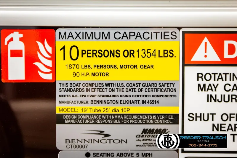 Slide: The Image of 2026 Bennington SSBSF boat capacity label: 10 persons, 1354 lbs, 90 HP motor. - 50