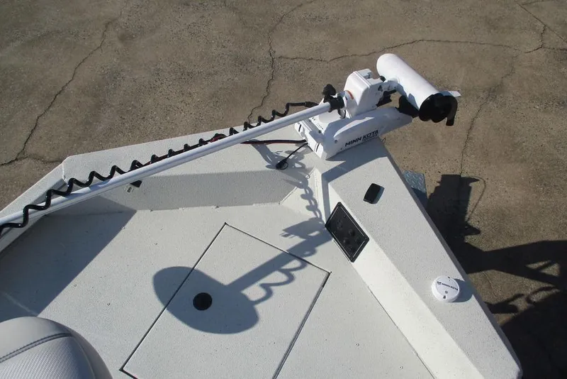 Slide: The Image of 2026 Ranger RB200 boat deck with Minn Kota trolling motor and control panel. - 6