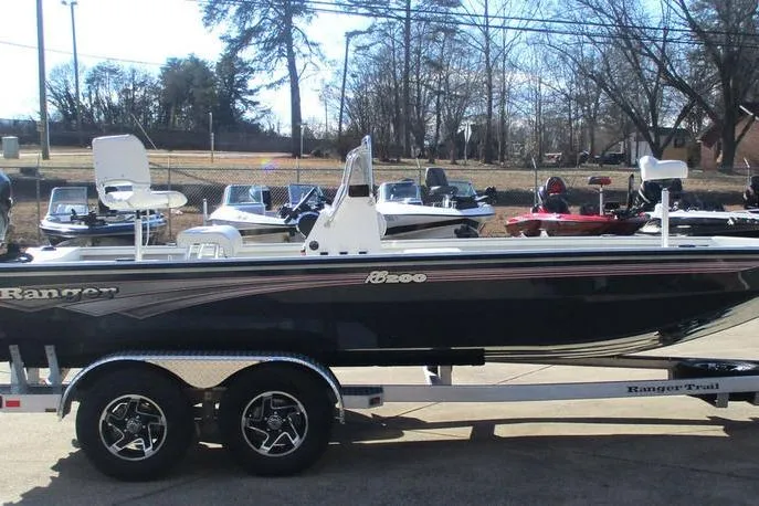 Slide: The Image of 2026 Ranger RB200 boat on trailer, parked outdoors with other boats in the background. - 8