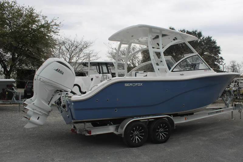 Slide: The Image of 2026 Sea Fox 268 Traveler boat on trailer, featuring Yamaha outboard motor. - 3
