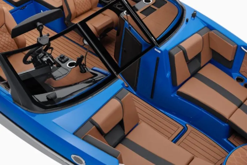 Slide: The Image of 2024 Yamaha Boats 222XE interior, featuring blue and brown seating with modern design elements. - 60