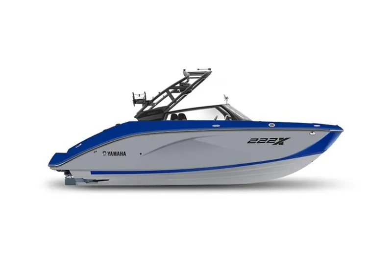 Slide: The Image of 2024 Yamaha Boats 222XE, sleek blue and white design, side view. - 61