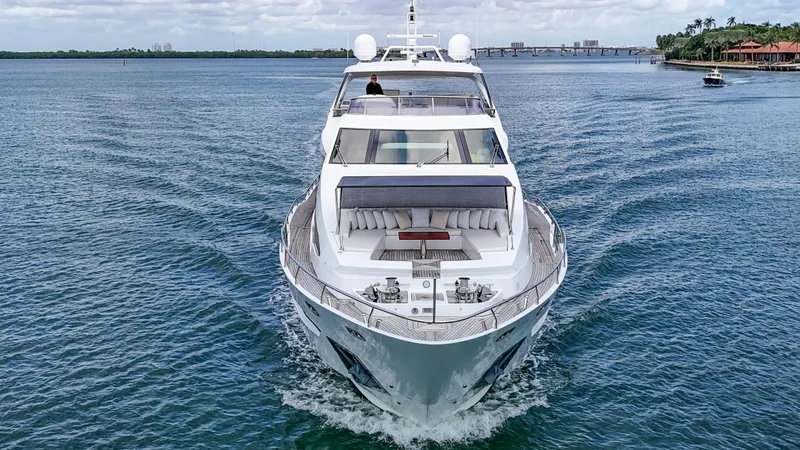 Slide: The Image of Luxurious 2017 Azimut 95 Raised Pilothouse yacht cruising on open water. - 29