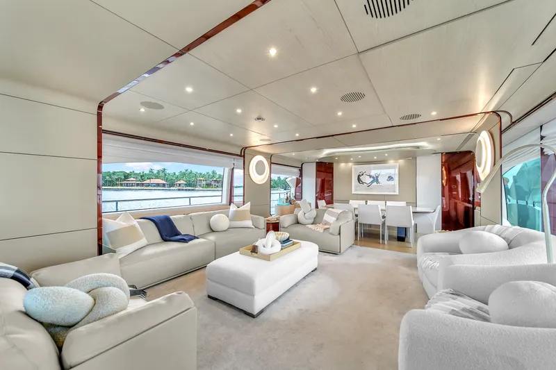 Slide: The Image of Luxurious interior of 2017 Azimut 95 Raised Pilothouse yacht with elegant seating and modern decor. - 40