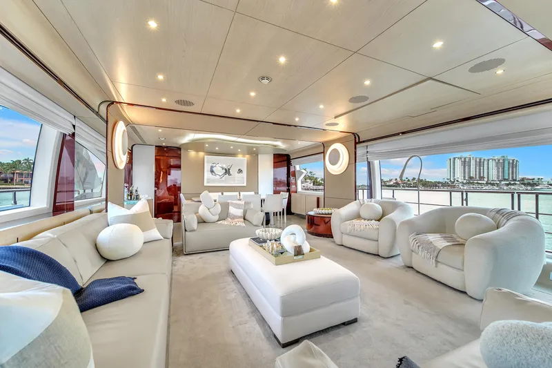 Slide: The Image of Luxurious interior of 2017 Azimut 95 Raised Pilothouse yacht with elegant seating and panoramic views. - 41
