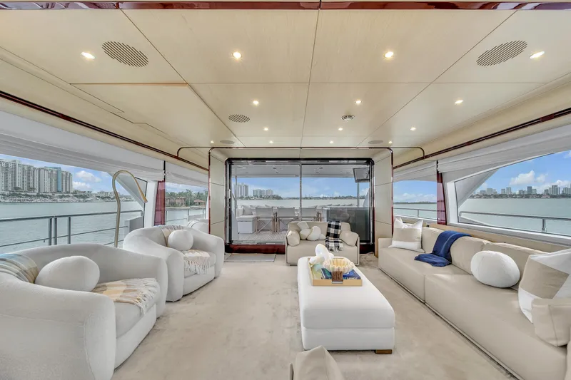 Slide: The Image of Luxurious interior of 2017 Azimut 95 Raised Pilothouse yacht with elegant seating and panoramic views. - 42