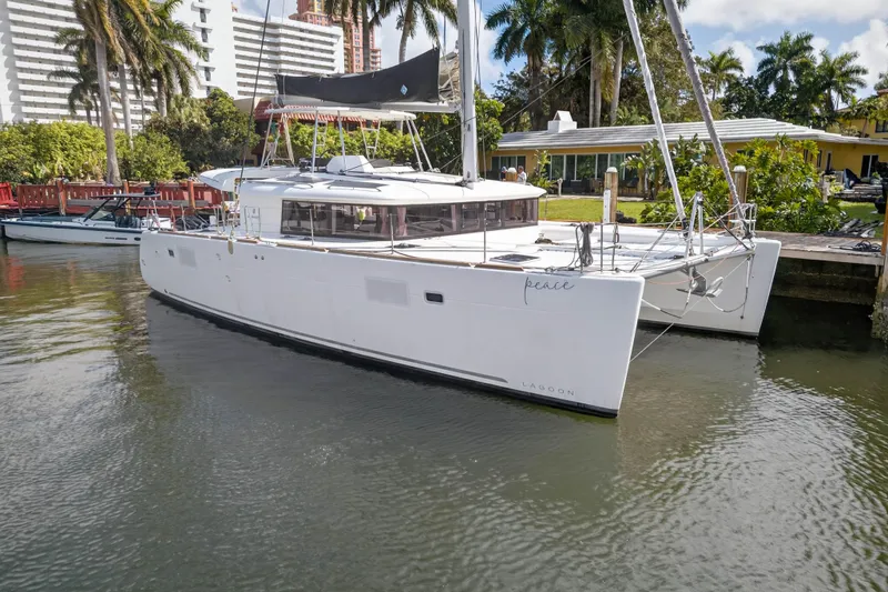 Slide: The Image of 2019 Lagoon 450 F catamaran docked near palm trees and waterfront buildings. - 2