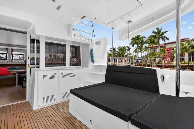 Slide: The Image of 2019 Lagoon 450 F yacht interior with sleek seating and modern design. - 43
