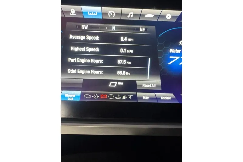 Slide: The Image of Dashboard of 2022 Yamaha Boats 255XD showing speed and engine hours. - 5