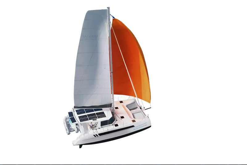 Slide: The Image of 2026 Seawind 1270 catamaran with orange sail and solar panels on deck. - 18