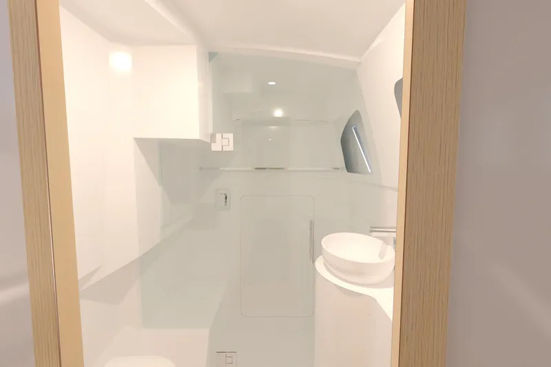 Slide: The Image of Modern bathroom interior of 2026 Seawind 1270 yacht, featuring sleek design and white fixtures. - 29