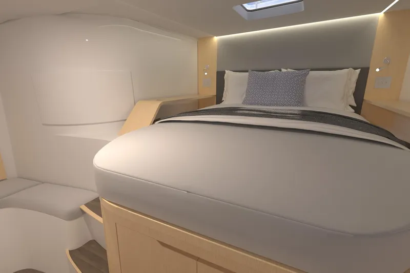 Slide: The Image of Luxurious interior cabin of 2026 Seawind 1270 catamaran with modern bedding and ambient lighting. - 31