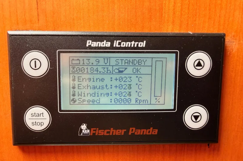Slide: The Image of Panda iControl display on 2016 Moody Decksaloon 54, showing engine and exhaust temperatures. - 133
