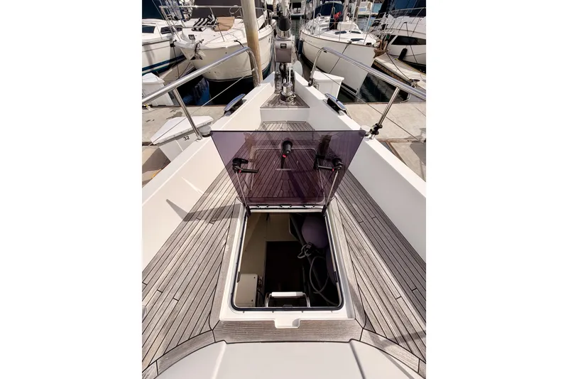 Slide: The Image of Deck view of 2016 Moody Decksaloon 54 yacht with open hatch. - 21