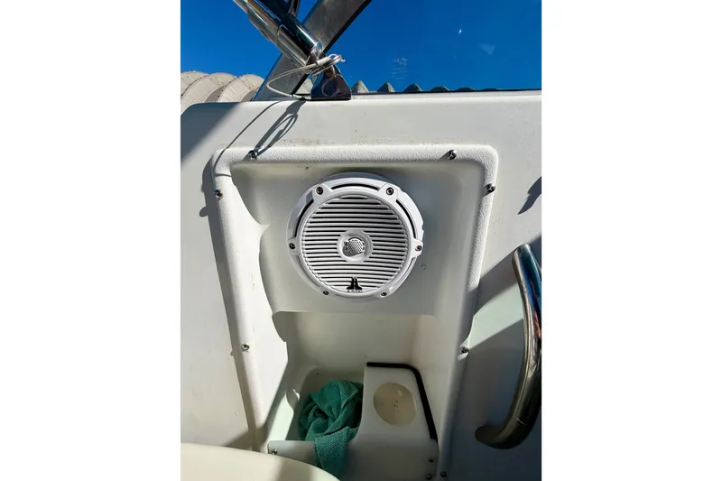Slide: The Image of 2019 Aquasport 215 Explorer boat speaker and console detail. - 10