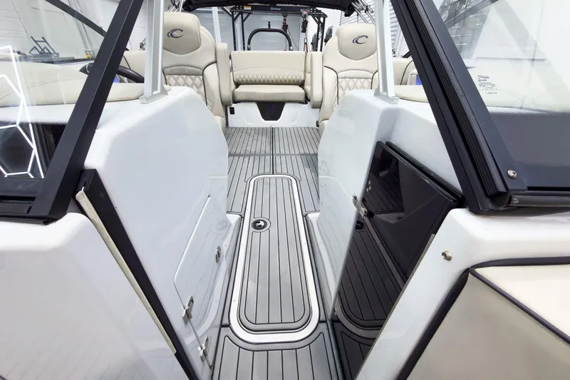 Slide: The Image of Interior of 2020 Crest Continental 270 NX-L Twin boat, featuring sleek seating and modern design. - 20