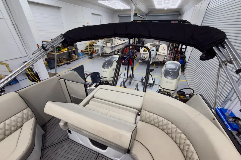 Slide: The Image of 2020 Crest Continental 270 NX-L Twin boat interior in a workshop setting. - 34