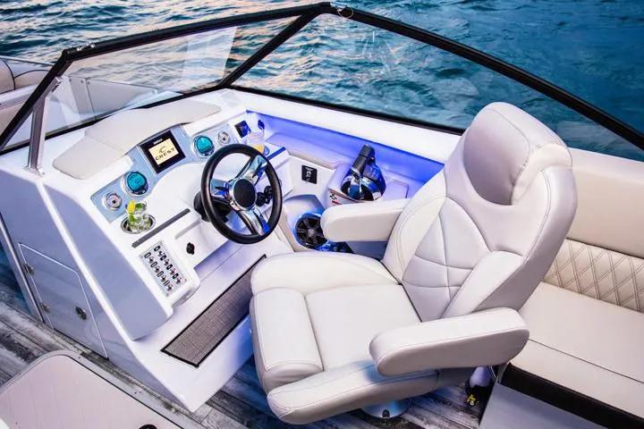 Slide: The Image of Manufacturer Provided Image: Luxurious helm of the 2020 Crest Continental 270 NX-L Twin pontoon boat. - 47